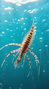 Close-up of phyllosoma larval stage of spiny lobster drifting in clear turquoise ocean water surrounded by bubbles