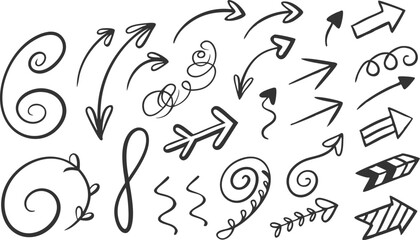 black and white arrows, hand-drawn style, vector graphics, curved arrows, straight arrows, directional symbols, dynamic shapes, simplified design, minimalist illustration, graphic elements, variety of