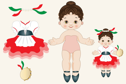 Paper doll ballerina simple to cut out and dress as in the example with Italian costume representing the Neapolitan tarantella