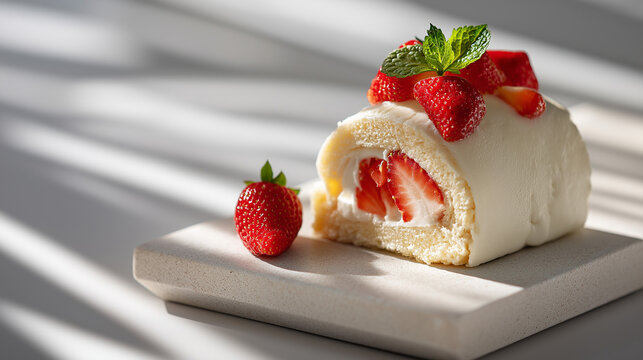 Elegant strawberry biscuit roll on white table