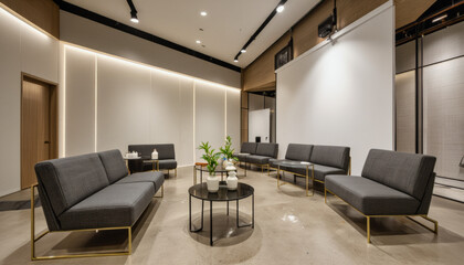 Modern interior design architecture photography: Modern seating arrangements with grey sofas and a round table populate a minimalist waiting area illuminated by linear LED lighting.