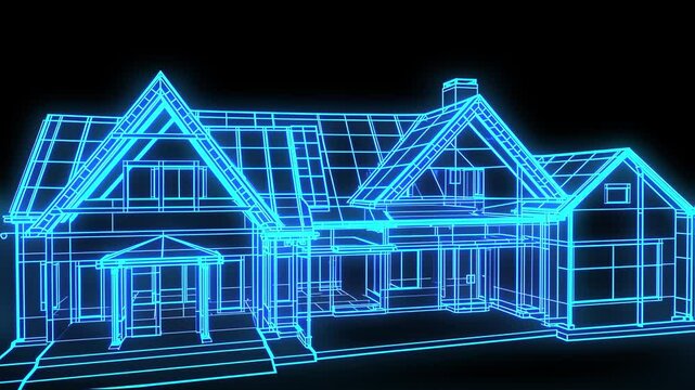 House is shown in blue and white with a lot of detail. The house is a model of a house and is shown in a 3D format. The house is very detailed and has a lot of windows