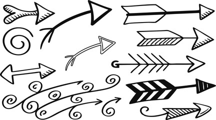 black and white arrows, hand-drawn style, vector graphics, curved arrows, straight arrows, directional symbols, dynamic shapes, simplified design, minimalist illustration, graphic elements, variety of
