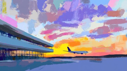 Airport Sunset A plane lands as vibrant colors illuminate the terminal  sky