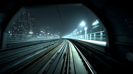 Fototapeta premium Urban metro tunnel at night, illuminated by city lights.