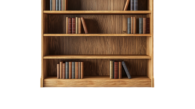 Old books, a collection of wooden knowledge, are isolated on a white background, suggesting a library or bookstore shelf