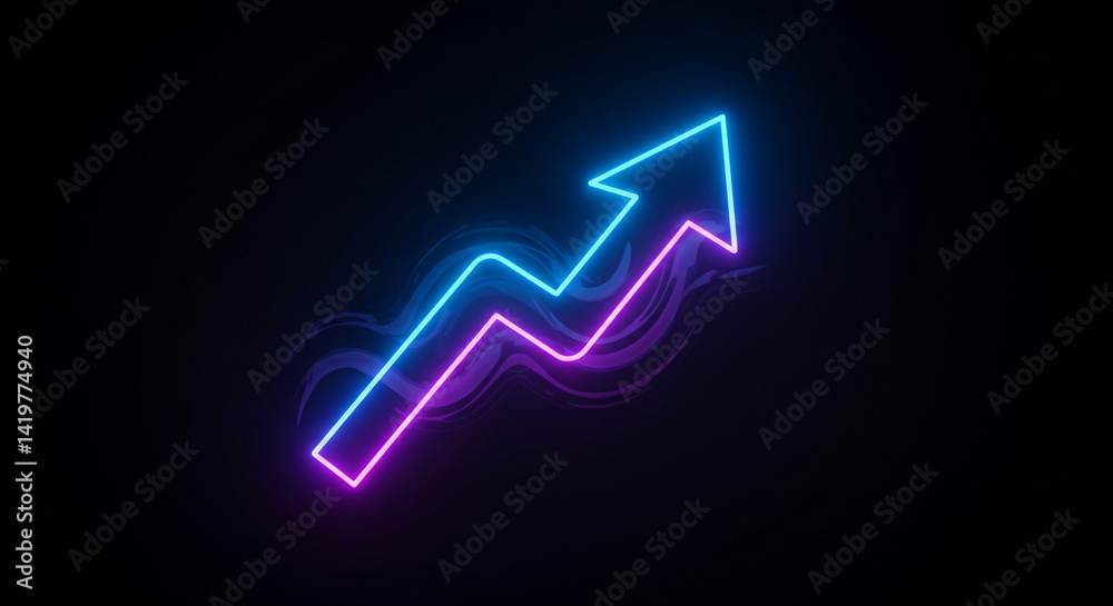 Wall mural neon arrow pointing upwards with a zigzag shape on a dark background with light smoke effect