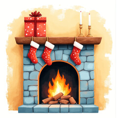 Obraz premium Festive Fireplace with Stockings, Gift, and Candles
