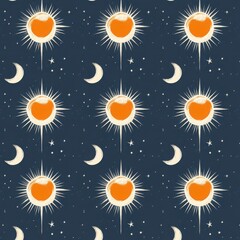 Fototapeta premium Celestial pattern featuring suns, moons, and stars on a dark blue background