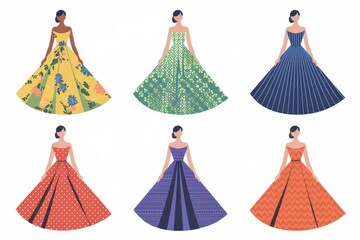 Six elegant ball gowns in diverse prints and colors.