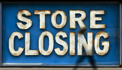 Obraz premium Store closing sign in window, blue background, distressed lettering, blurry pedestrian.