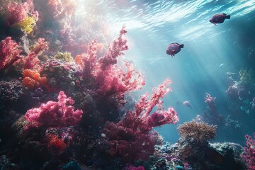 Fototapeta premium Underwater Coral Reef with Fish and Sunlight