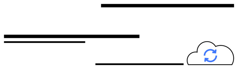 Obraz premium Cloud outlined with sync icon at the bottom right, offset horizontal lines above. Ideal for technology, connectivity, networking, communication, cloud storage, data transfer, flat simple metaphor