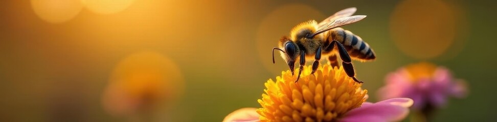 Close-up bee hovering, honey pot, wildflowers at dusk, vibrant, light, floral background
