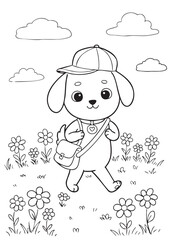 coloring page dog character going to school