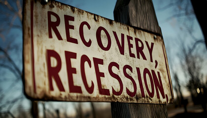 A weathered, vintage sign displaying "Recovery, Recession," mounted on a rustic wooden post against a blurred natural backdrop.  The image evokes feelings of economic uncertainty and change.