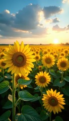 Fototapeta premium Vast Kansas sunflower field, golden blooms under summer sun, Kansas, floral, bright