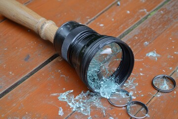 Broken flashlight lens on wooden surface with scattered glass shards and metal rings nearby