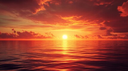 Obraz premium Fiery Red Sunset Over Calm Ocean Water