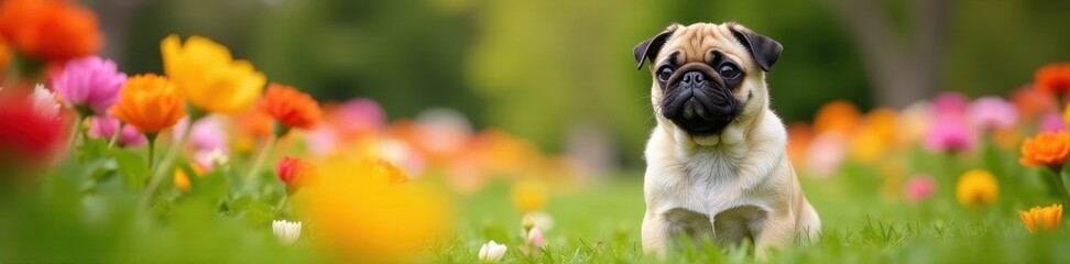 Fototapeta premium Content pug sitting in a colorful flower patch , dog, portrait