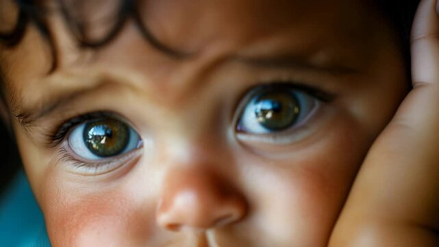 A baby with brown hair and green eyes is looking at the camera. The baby's eyes are wide open and staring straight ahead