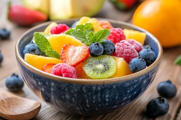 Vibrant Fruit Salad Bowl with Fresh Berries and Citrus Fruits on Wooden Table
