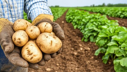 Farmer holding fresh potatoes