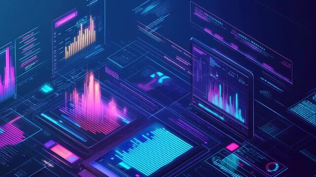 A computer monitor displays a colorful array of data and graphs. Concept of complexity and technological advancement, as well as the potential for data analysis and interpretation