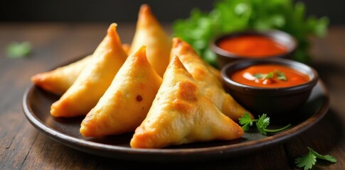 Crispy golden vegetarian samosas, vibrant chutneys , fresh, indian