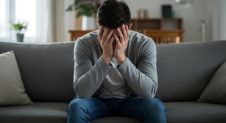 Man enveloped by emotions on couch reflecting inner turmoil and hardship