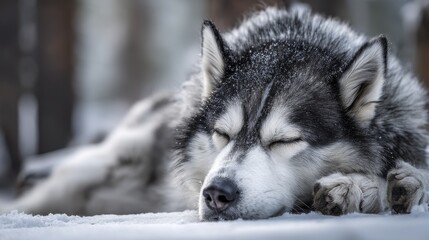 Fototapeta premium A Husky rests peacefully in a snowy woodland, the soft light illuminating its fur - fur fluffy calm