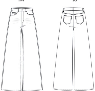 women's Jeans wide legs, denim wide legs pants technical fashion illustration front and back view vector, technical sketch. Cad, Mockup