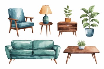 Mid-century modern living room watercolor illustrations.