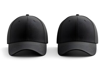Two black baseball caps front view isolated on white background mockup
