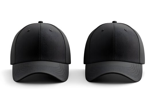 Two black baseball caps front view isolated on white background mockup