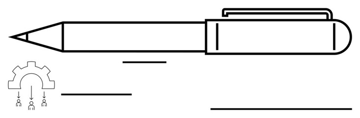 Obraz premium Linear pen design with clip and gear element depicting creativity, writing, innovation, mechanics, technical process, stationery, teamwork. Ideal for learning, design planning engineering flat