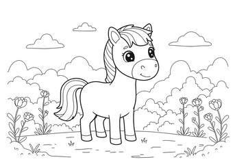 coloring page with a picture of a horse in the park