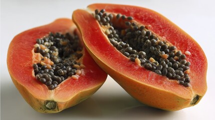 Half a papaya, orange flesh, black seeds, smooth skin, vibrant color - nutrition theme orange vitamin flesh