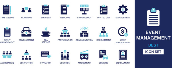 Event management icon set. Timetabling, planning, strategy, wedding, chronology, invited list, involvement, cost, association and best solid icon set.