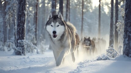 Sleek husky sled cutting through pristine snow, sun glistening off the snow - husky white track