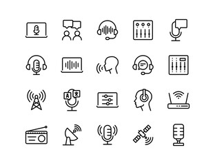 Podcast Vector Icon Set | Adjustable Line Weight | Microphone, voice, headset, radio, speech, editing, stream, host, listener, broadcast, laptop, sound, signal, studio icons