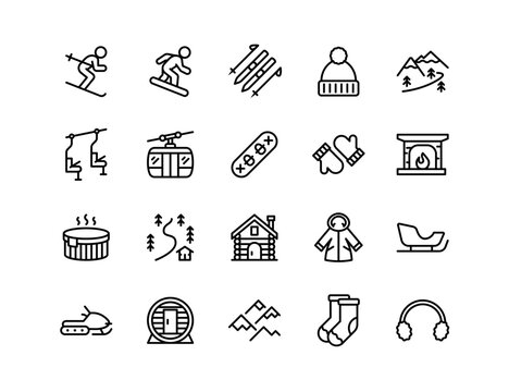 Ski Resort Vector Icon Set | Adjustable Line Weight | Skiing, snowboarding, mountain, lift, cabin, fireplace, hot tub, mittens, sled, snowmobile, coat, slope, gear icons
