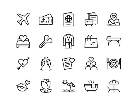 Honeymoon Trip Vector Icon Set | Adjustable Line Weight | Love, travel, couple, romance, spa, bed, champagne, kiss, beach, robe, pool, key, dinner, passion icons