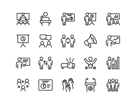 Conference Vector Icon Set | Adjustable Line Weight | Speaker, podium, audience, chart, presentation, mic, discussion, seminar, networking, success, projector, meeting, talk, panel icons