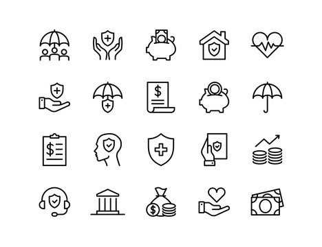 Insurance Vector Icon Set | Adjustable Line Weight | Protection, health, money, policy, umbrella, claim, savings, coverage, document, heart, home, shield, finance icons