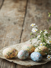 Obraz premium hand painted easter eggs and flowers with vintage colour atmosphere, still life portrait photo, with wooden background