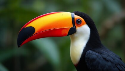 Naklejka premium Toco Toucan Side Profile with Large Orange Beak and Rainforest Background