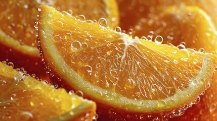 Close-up of vibrant orange segments, juicy and glistening - pieces natural orange slices