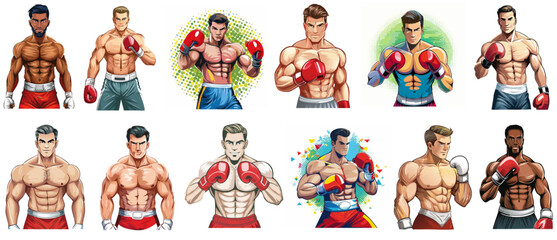 Set of strong boxer silhouettes in pop art style. White background.