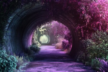 Obraz premium Mysterious pathways through colorful tunnels in a serene, enchanted garden landscape